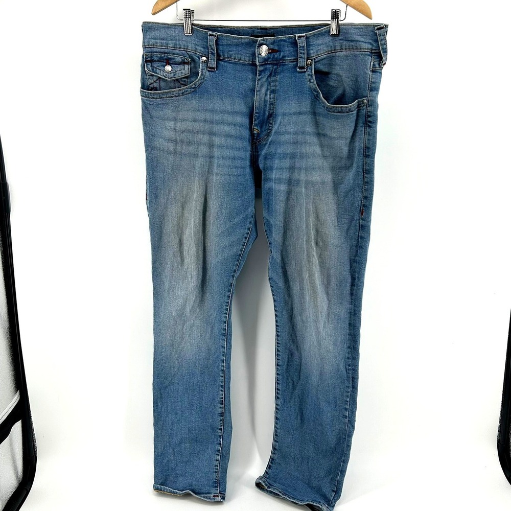True Religion Ricky Relaxed Straight Blue Denim Jeans Mens 38x32 Horseshoe Flap - Picture 4 of 6